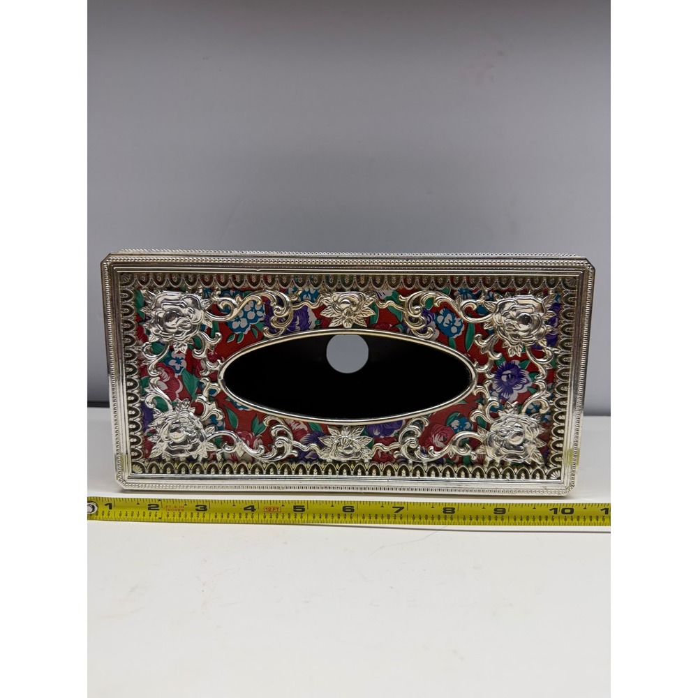 W.P. Thailand Silver Filigree Floral Tissue Box Cover Vintage Ornate Red Blue